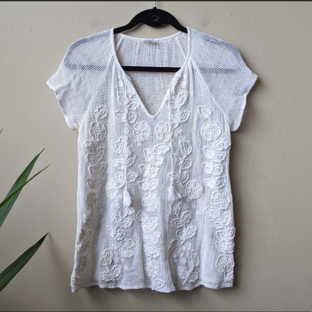 Akemi + Kin Embroidered Floral Tassel Top